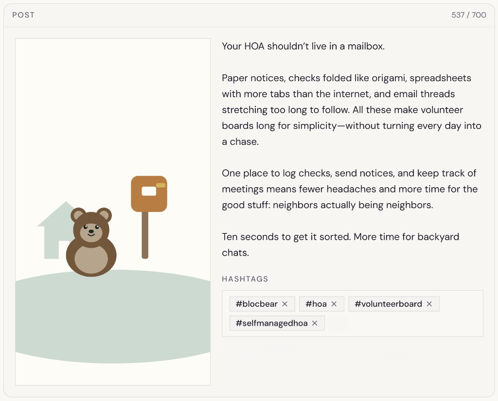 Mavlow-written Blocbear Instagram post awaiting approval — Your HOA shouldn't live in a mailbox