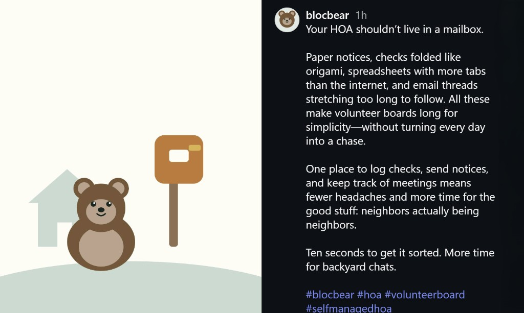 Published Blocbear Instagram post — Your HOA shouldn't live in a mailbox