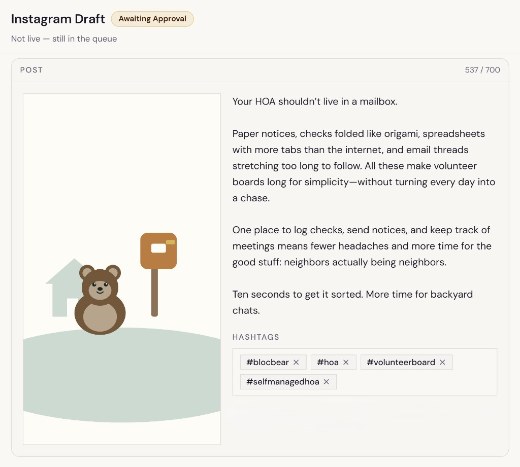 Mavlow Instagram draft for Blocbear — Your HOA shouldn't live in a mailbox