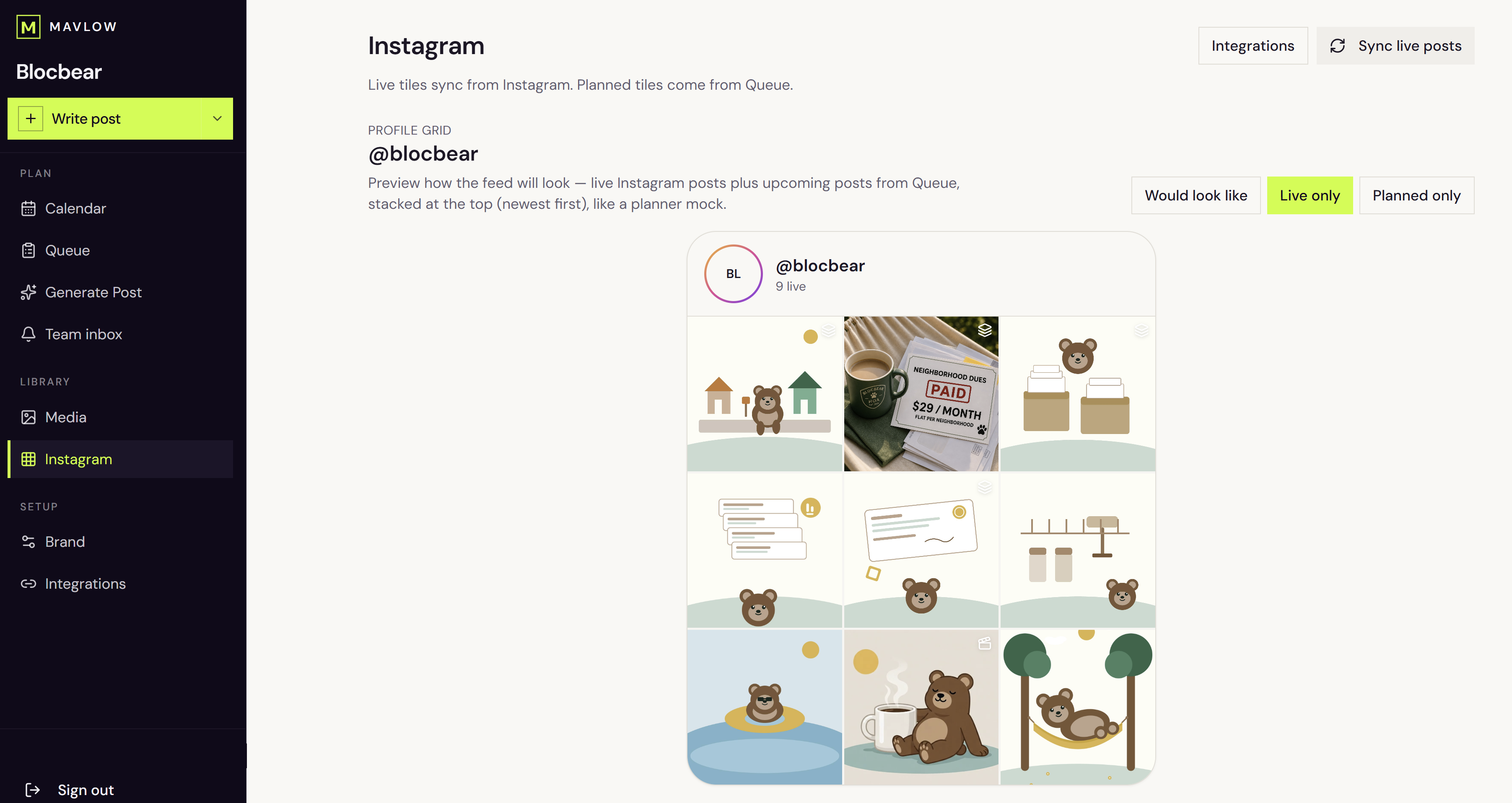Mavlow Instagram profile grid preview — live posts plus planned Queue tiles